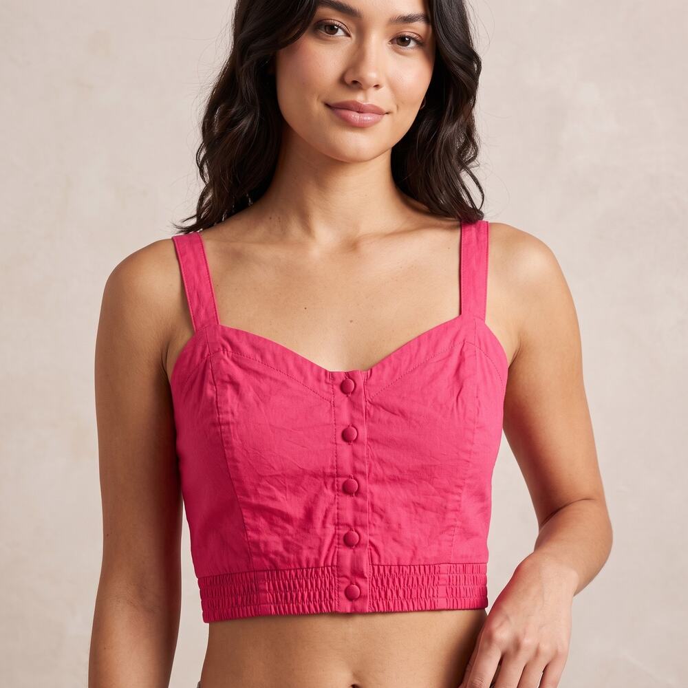 SIM & SAM Women's Crop Top Pink Button Smocked Back Boho Cotton Size S